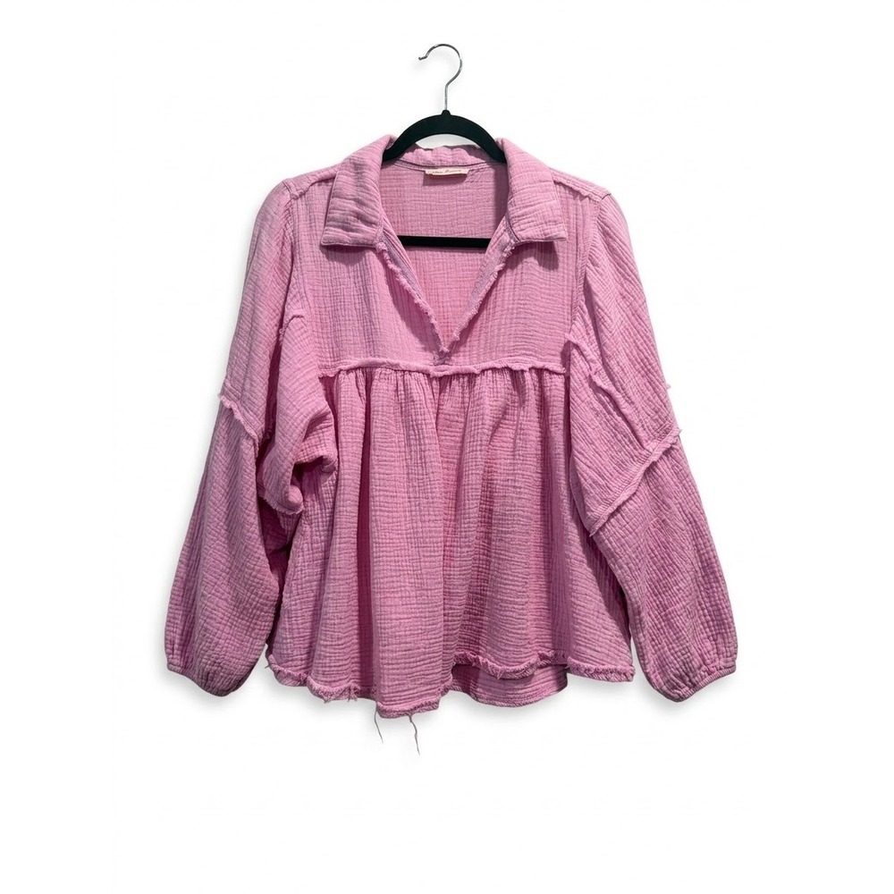 Ces Femme Pink Cotton Gauze Babydoll Top Long Sleeve Boho Blouse Small TT3046